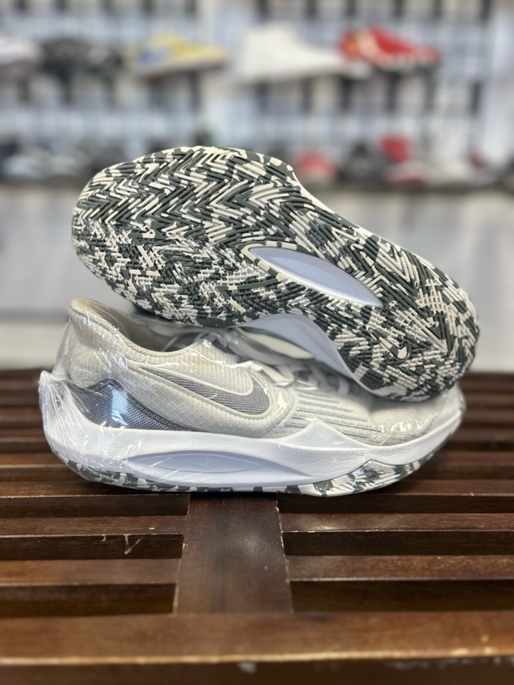 Nike White and Silver Running Sneakers with Black-Patterned Outsole